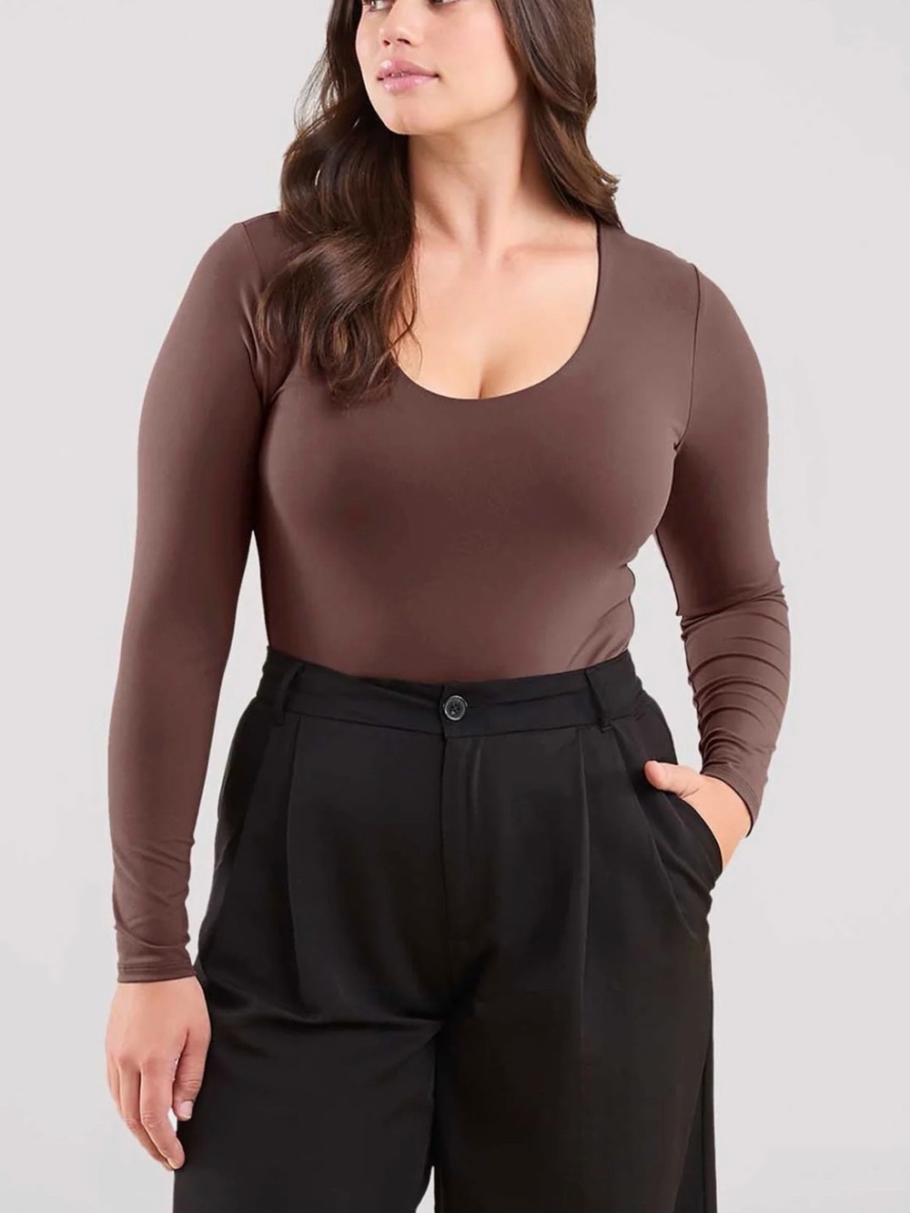 nuuds Long Sleeve Scoop Neck Bodysuit - Coffee